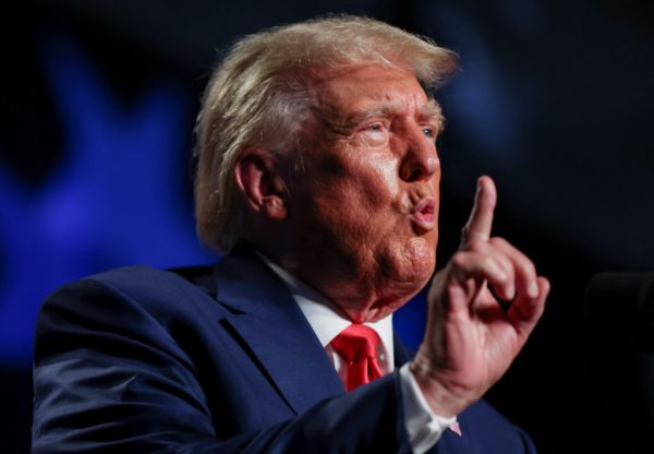 Former U.S. President and Republican candidate Donald Trump makes a keynote speech at a Republican fundraising dinner in Columbia, South Carolina, U.S. August 5, 2023.  REUTERS/Sam Wolfe